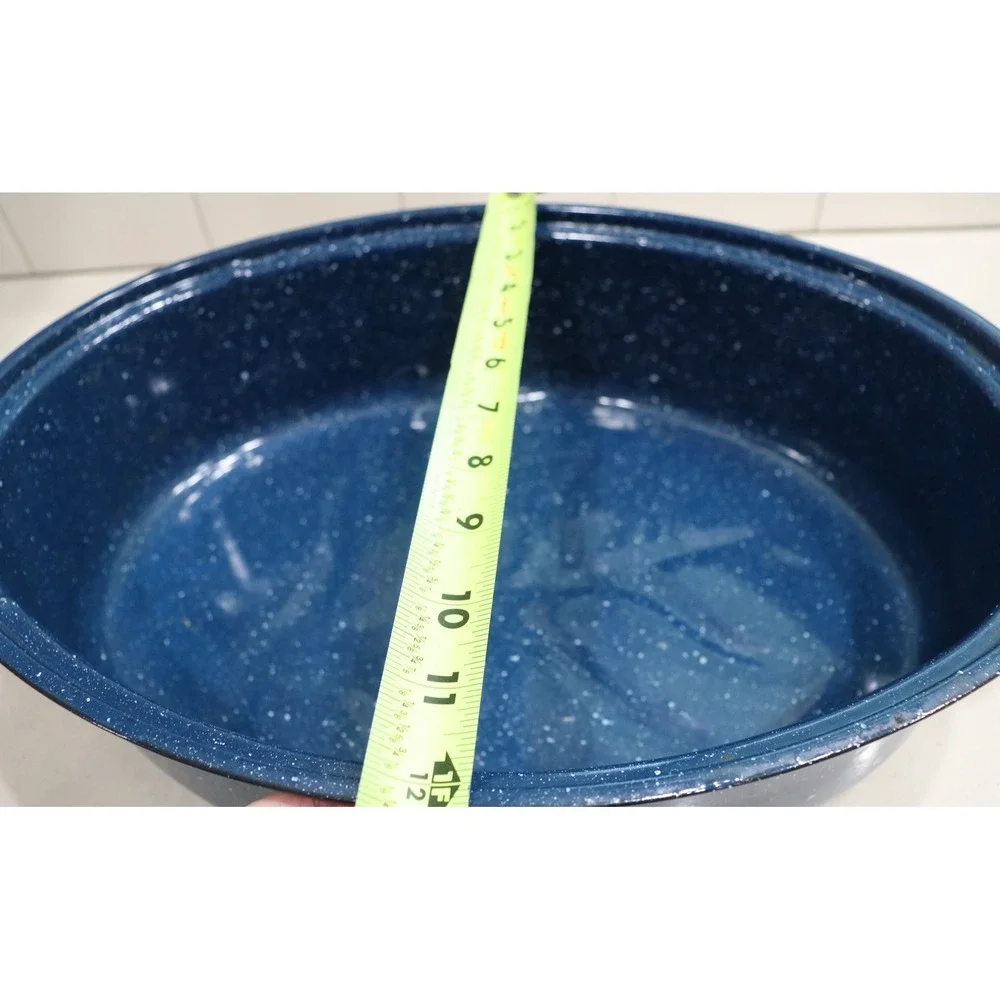 Blue Speckled Enamelware Oval Roasting Pan with Lid 16 Inch Turkey Roaster